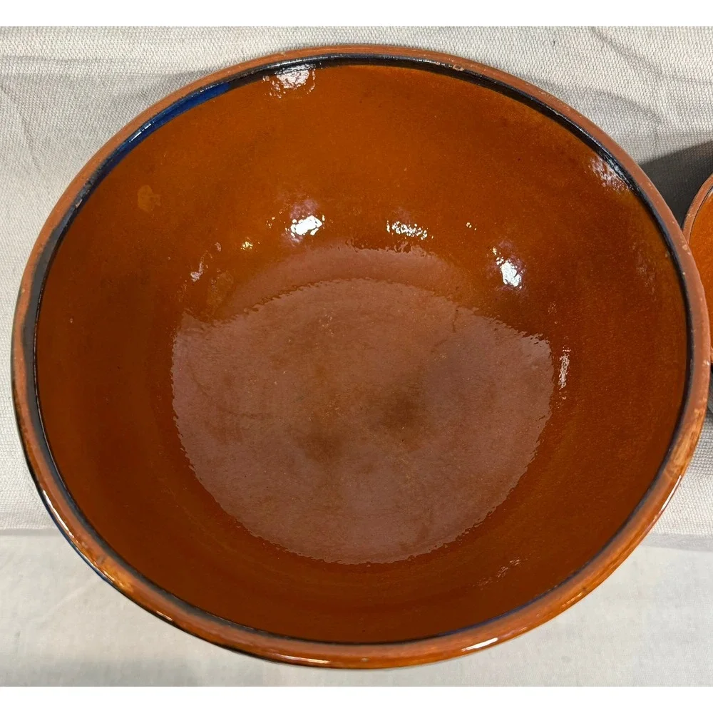 Vintage Handmade Mexican Tonala Pottery Nesting Bowls Set of 3 Terracotta Blue